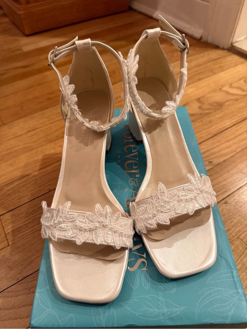 Lace Applique Ankle Strap Sandals - White